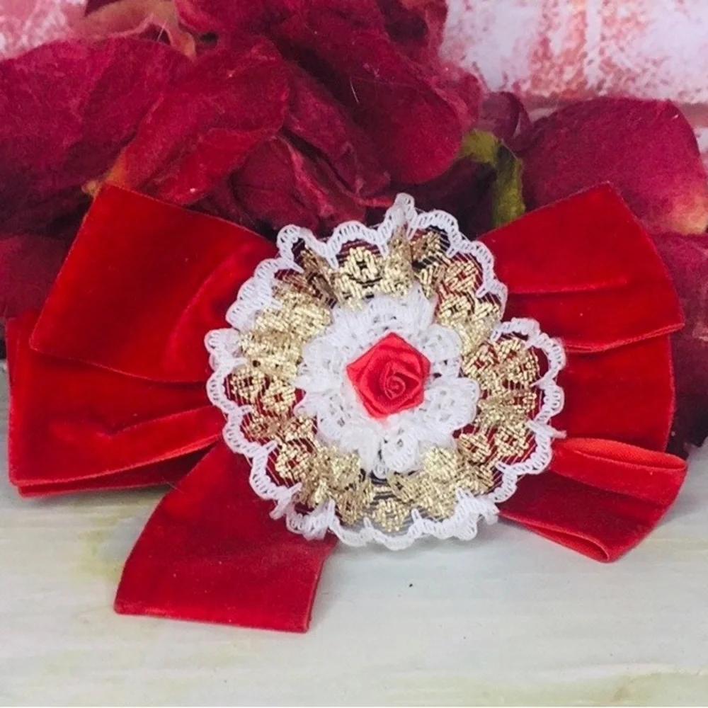Vintage 80s Red Rosette Velvet Bow